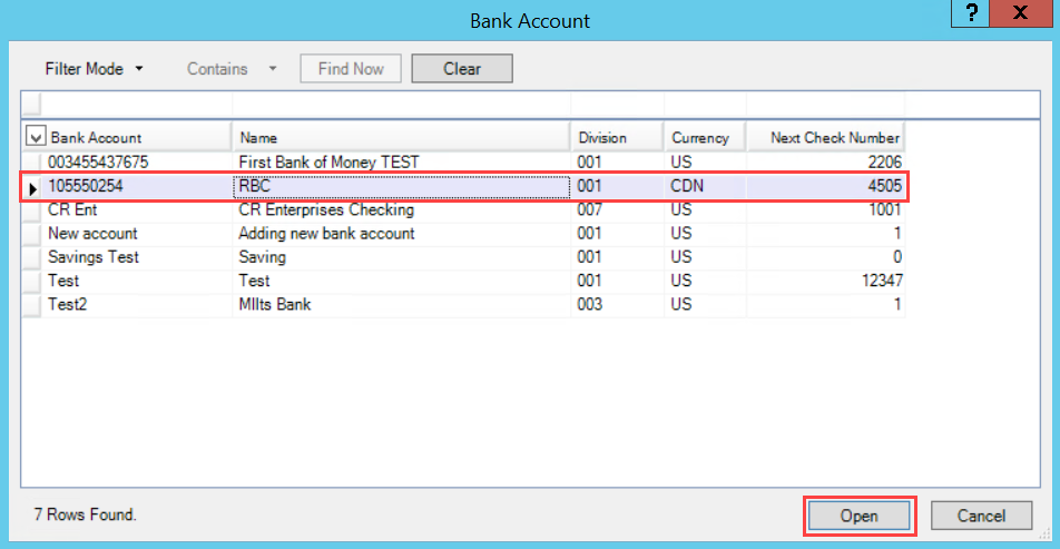 Bank Account window; shows a selected bank accouunt and the location of the Open button.
