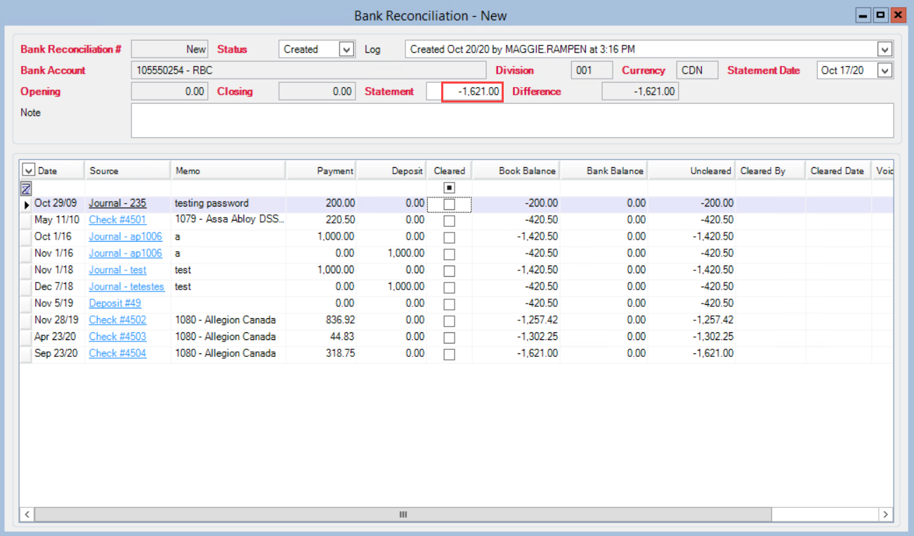 Bank Reconciliation window; shows the Statement field.