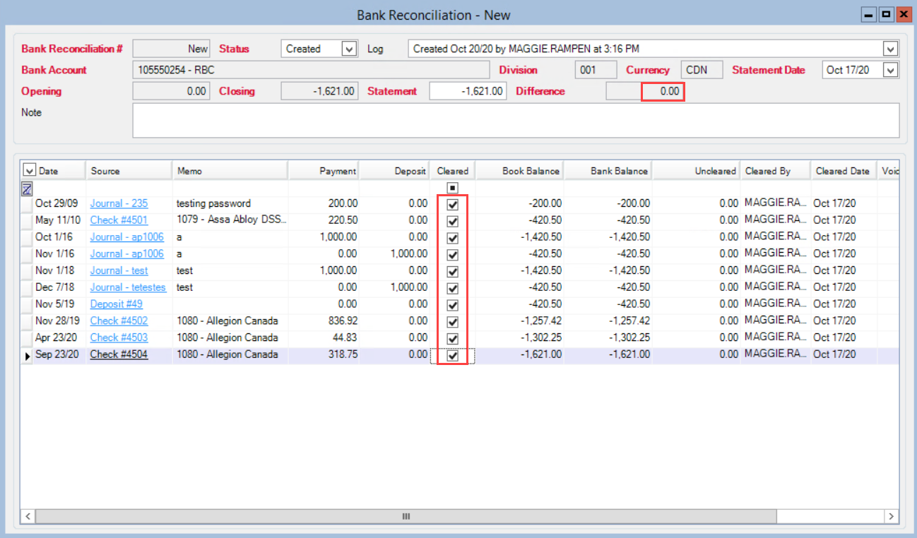 Bank Reconciliation window; shows all cleared line items and the Difference field at 0.00.
