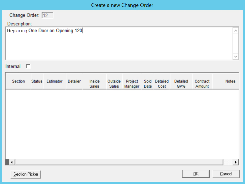 New Change Order window; shows a description that says 'Replacing One Door Leaf on Opening 120.'