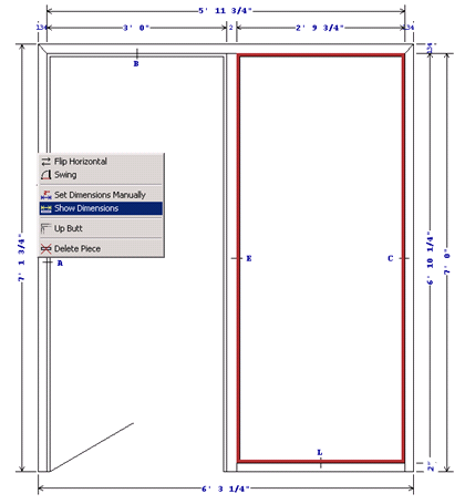 Elevation drawing example; shows the right-click menu on the mullion and the locations of Show Dimensions.