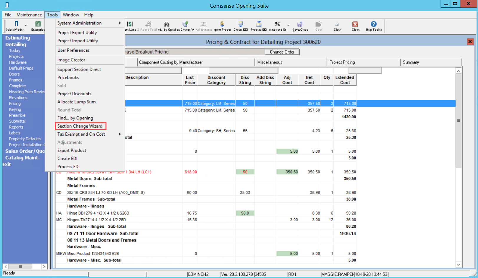 Pricing window; shows the pathway to the Section Change Wizard.