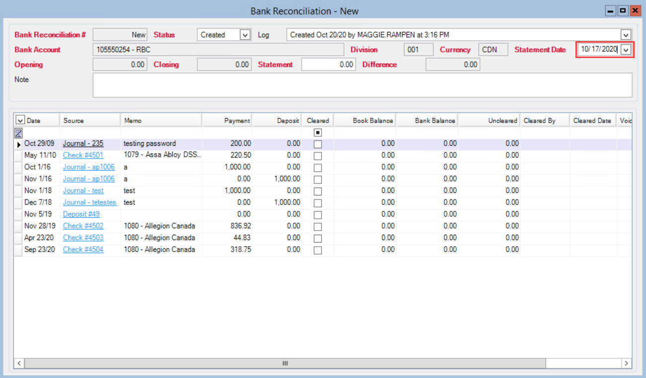 Bank Reconciliation window; shows the Statement Date field.