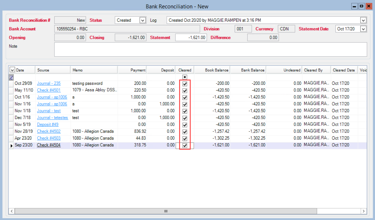 Bank Reconciliation window; shows all line items cleared.
