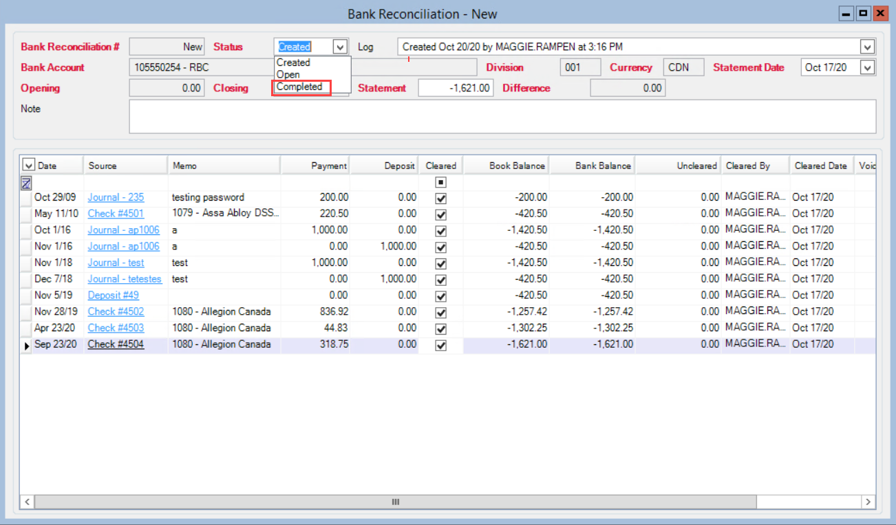 Bank Reconciliation window; shows the Status field drop-down list and the location of Completed.