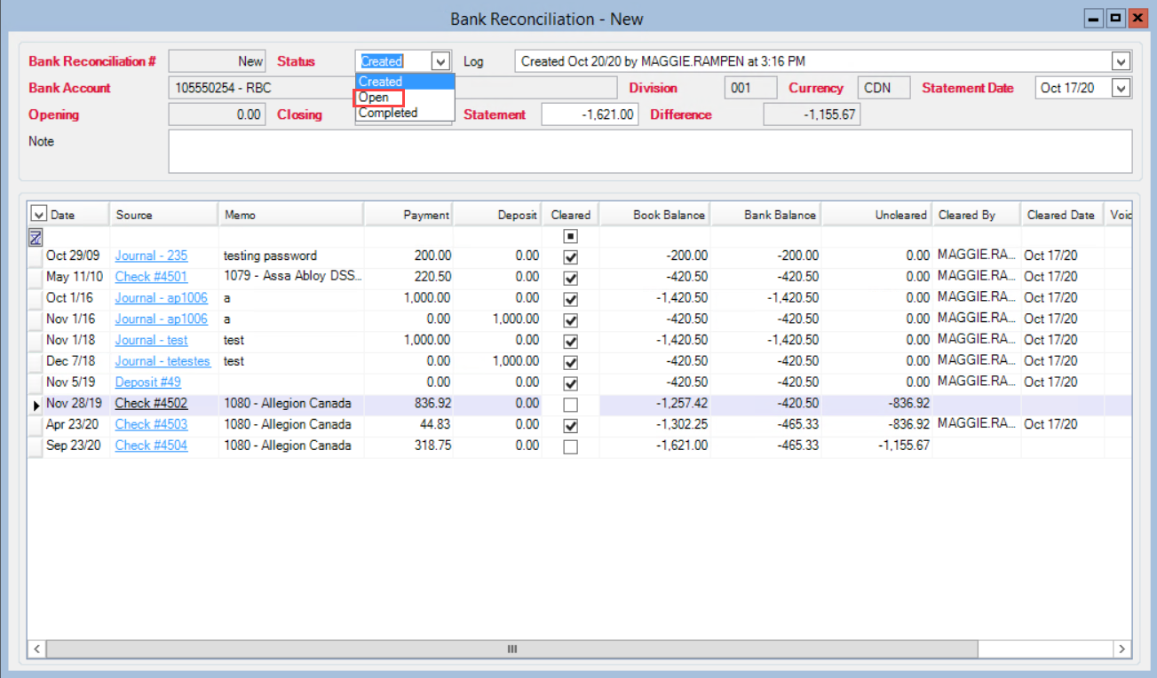 Bank Reconciliation window; shows the Status field drop-down list and the location of Open.