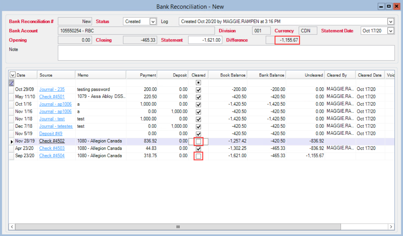 Bank Reconciliation window; shows uncleared line items and a balance in the Difference field.