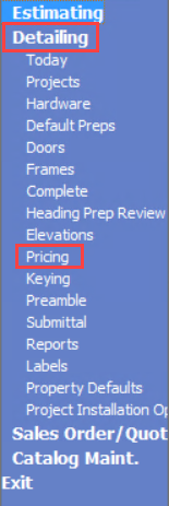 Advantage Navigation menu; shows the location of Detailing and Pricing.