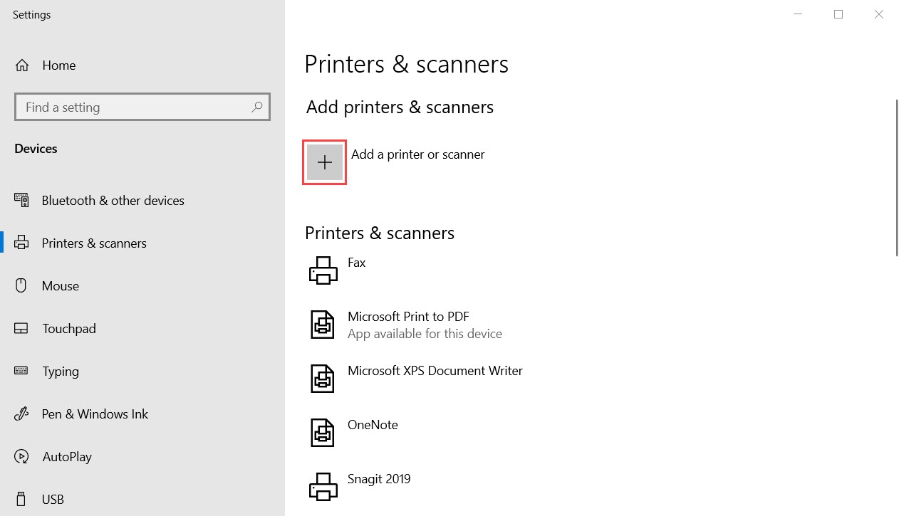Computer Settings, Printers & Scanners page; shows the location of the Add Printer or Scanner button.