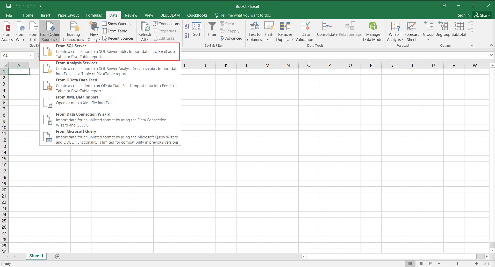 Excel Workbook; shows the From Other Sources drop-down menu and the location of From SQL Server.