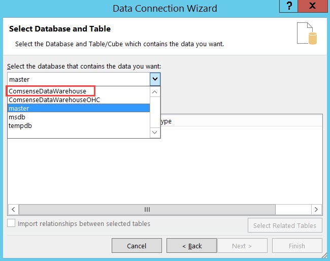 Data Connection Wizard, Select Database and Table page; shows the Database drop-down list and the location of ComsenseDataWarehouse.