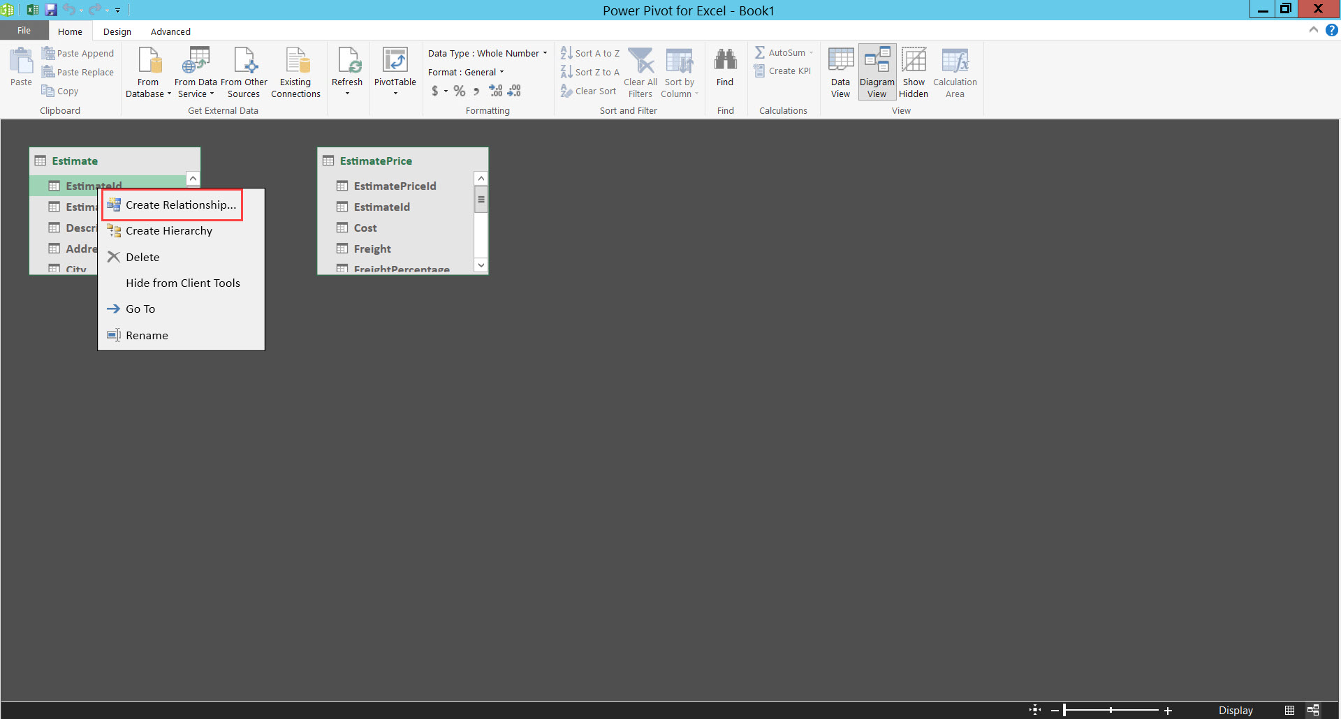 Power Pivot for Excel workbook; shows the Estimate table right-click menu and the location of Create Relationship...