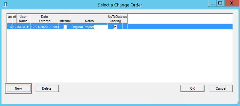 Select a Change Order window; shows the location of the New button.