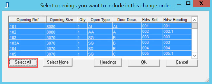 Select Openings for Change Order window; shows the location of the Select All button.