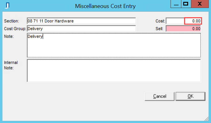 Miscellaneous Cost Entry; shows $0.00 in the cost field.