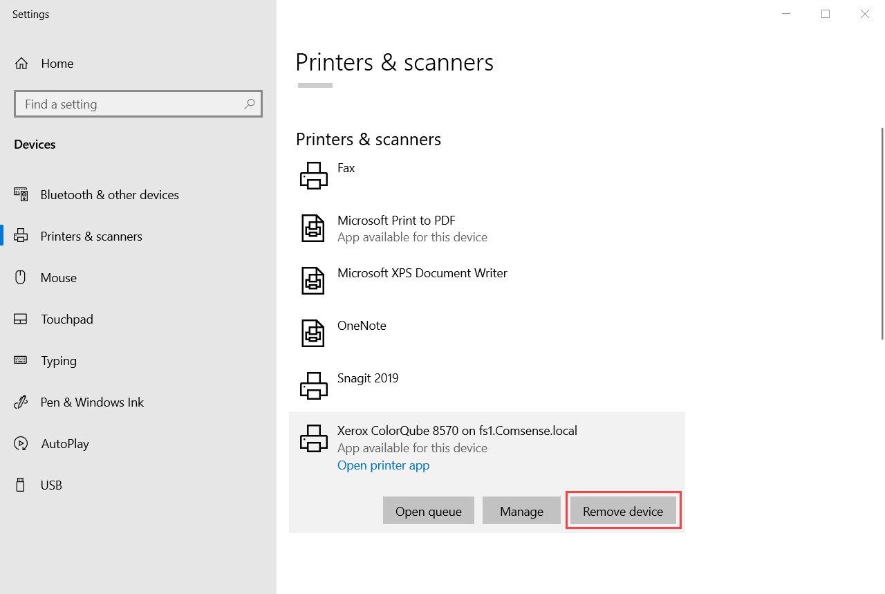 Computer Settings, Printers & Scanners page; shows the location of the Remove Device button.