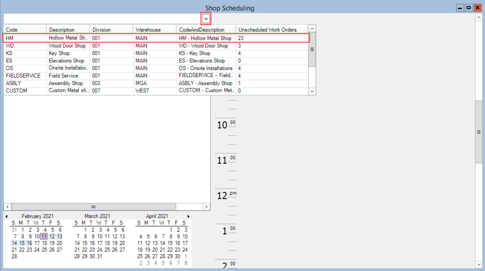 Shop Scheduling window; shows the location of the down arrow and the drop-down list.
