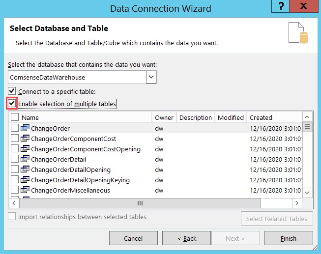 Data Connection Wizard, Select Database and Table page; shows the location of the Enable selection of multiple tables checkbox.