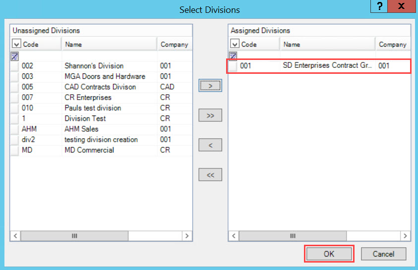 Select Divisions window; shows one assigned division and the location of the OK button.