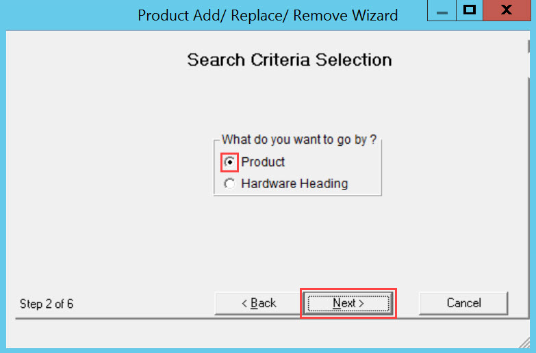 Product Change wizard, Step 2; shows the location of the Product radio button and the Next button.