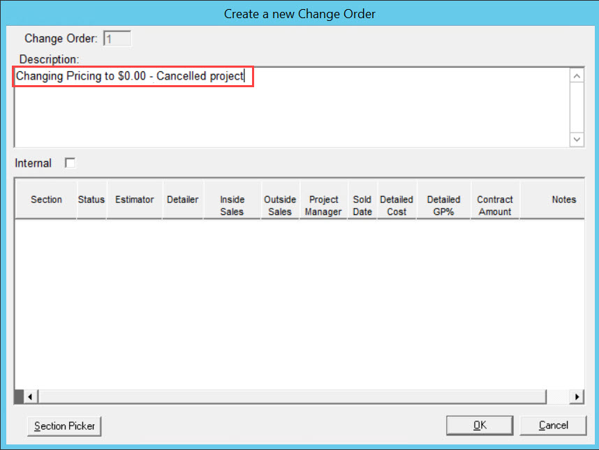 Create a new Change Order window; shows a description example.
