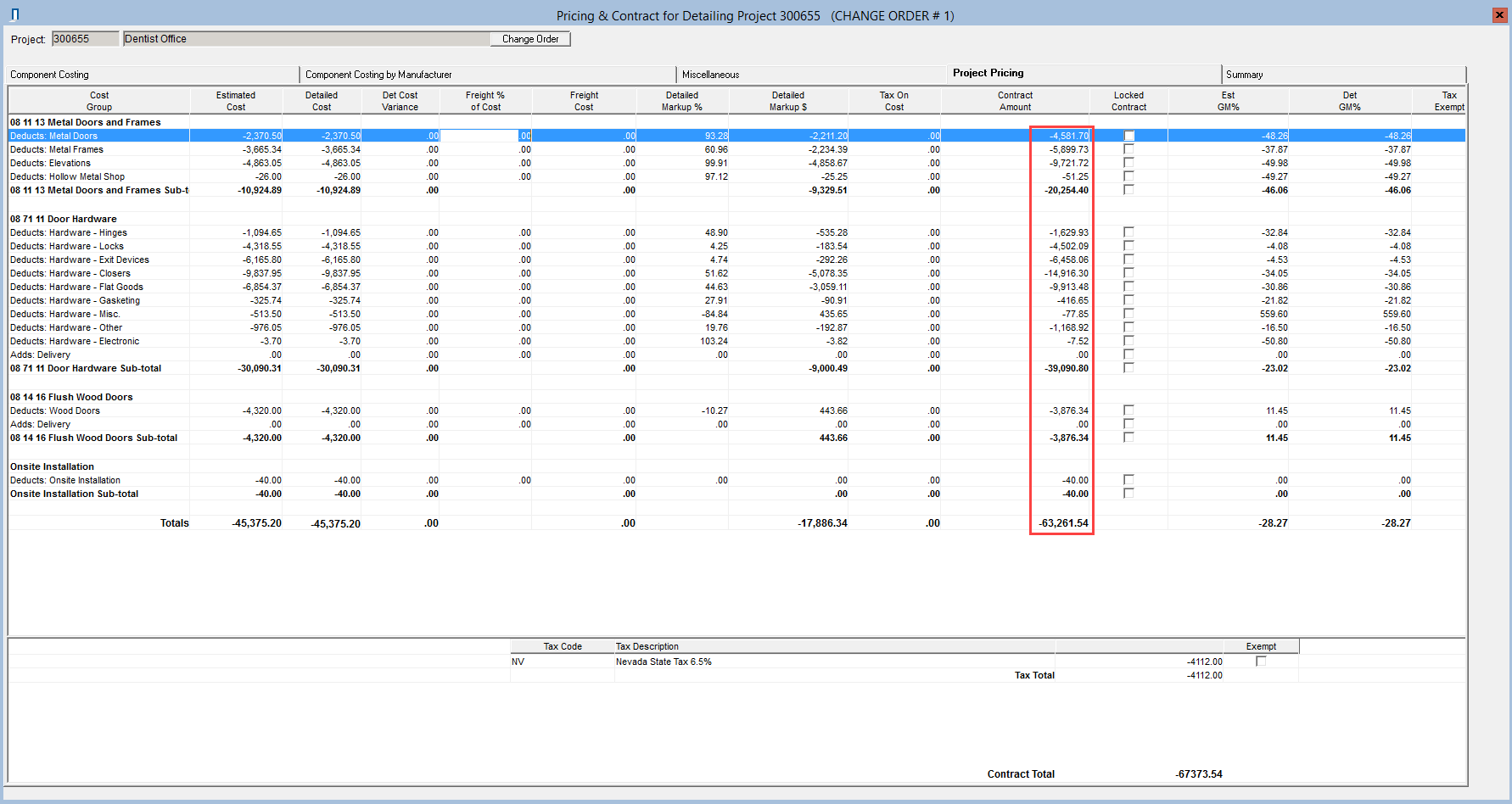 Pricing window, Project Pricing tab; shows the Contract amount fields complete with negative values.