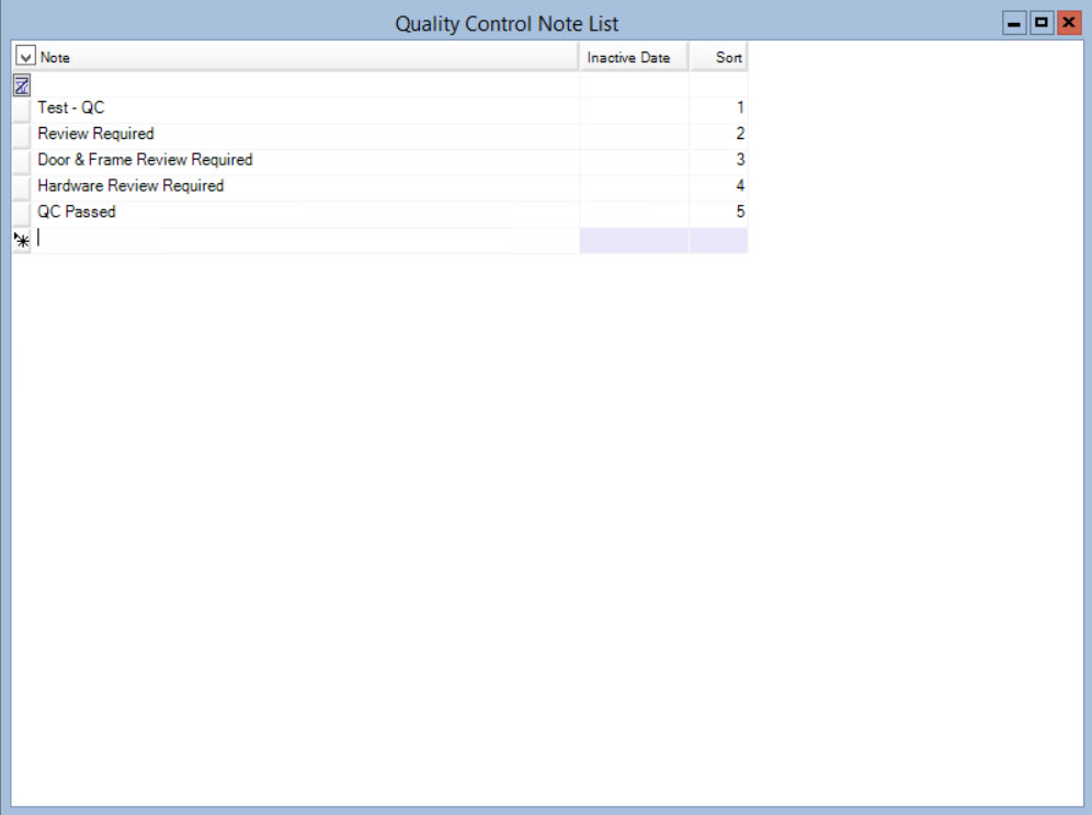 Quality Control Note List window; shows 5 quality control notes for the quality control note drop-down list.