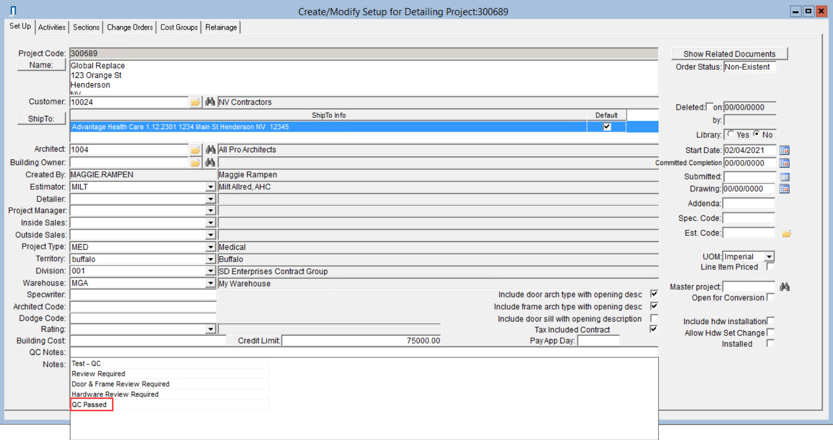 Projects window; shows the QC Notes field drop-down list.