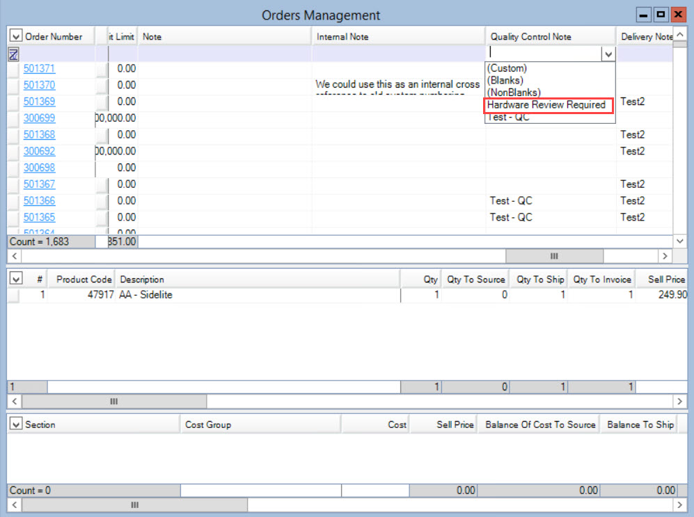 Orders Management window; shows the Quality Control Note Filter field drop-down list.