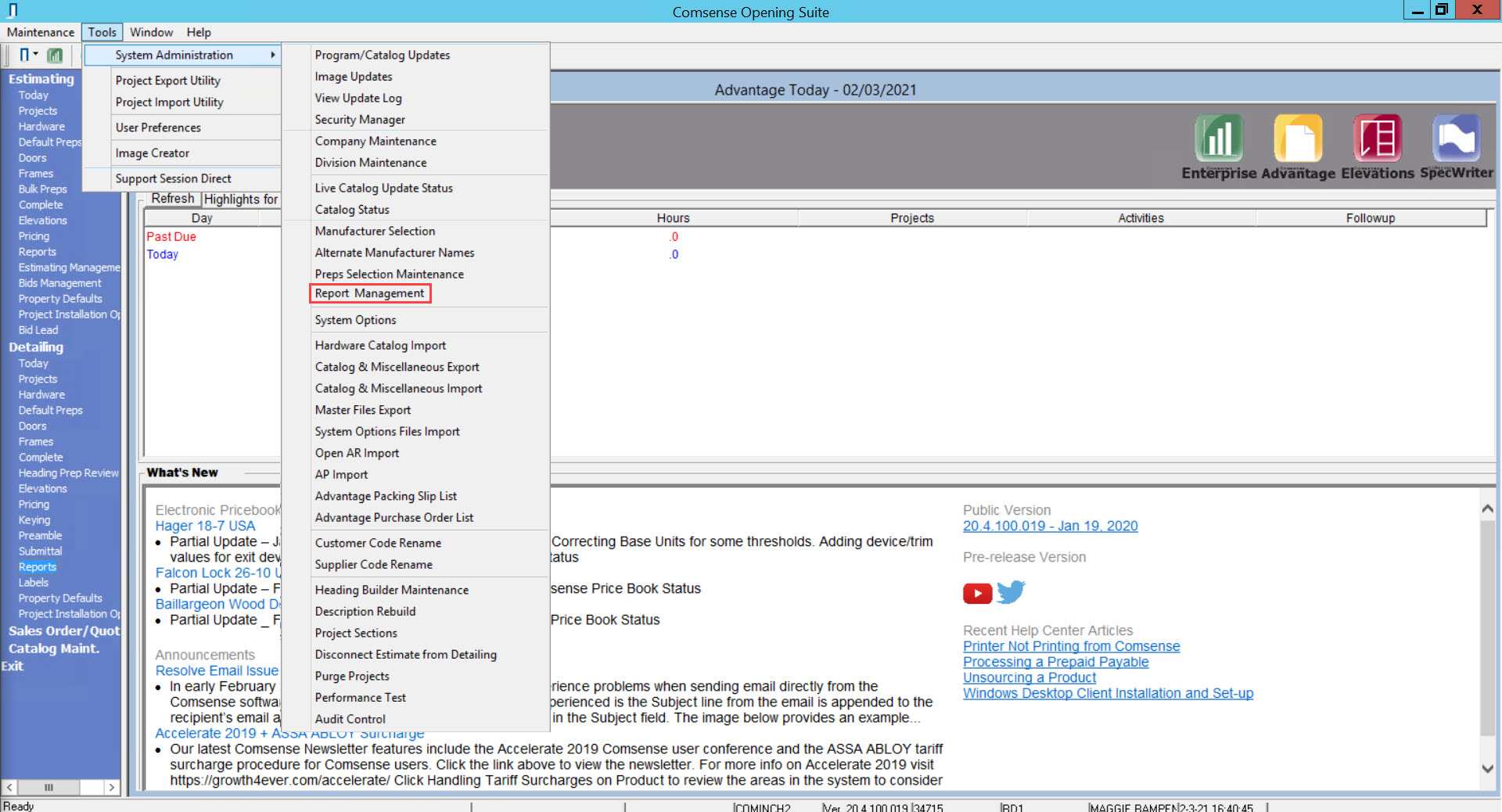 Advantage Today window; shows the pathway to Report Management from the Tools menu.