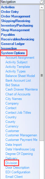 Enterprise Navigation menu; shows the location of System Options and Division.