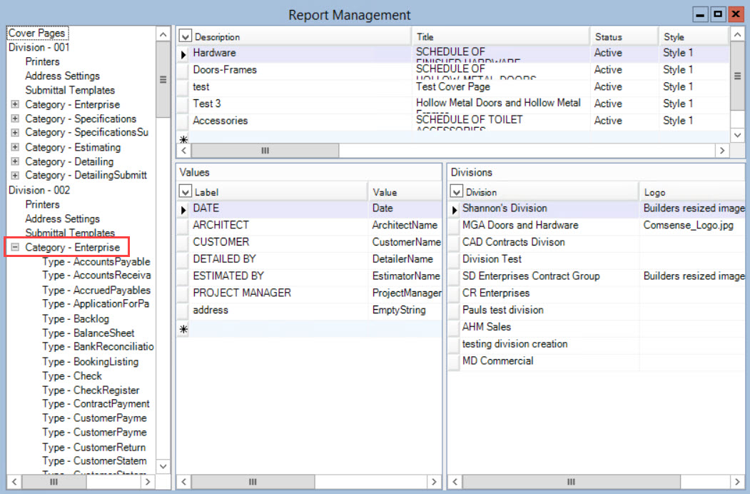 Report Management window; shows the location of the Enterprise report category.