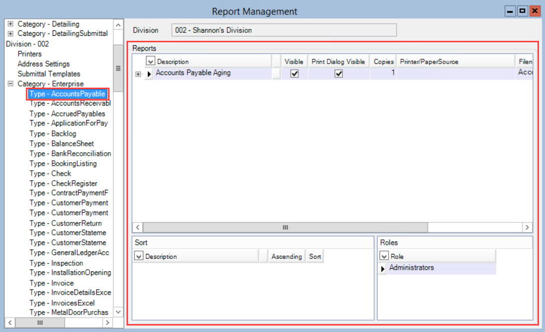 Report Management window; shows the selected report type and the Reports pane.