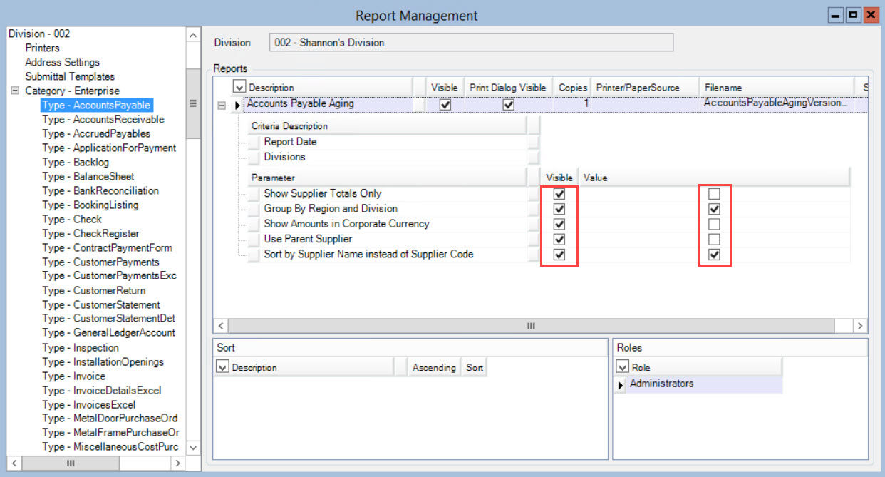 Report Management window; shows the location of the Visible column and the Value column.