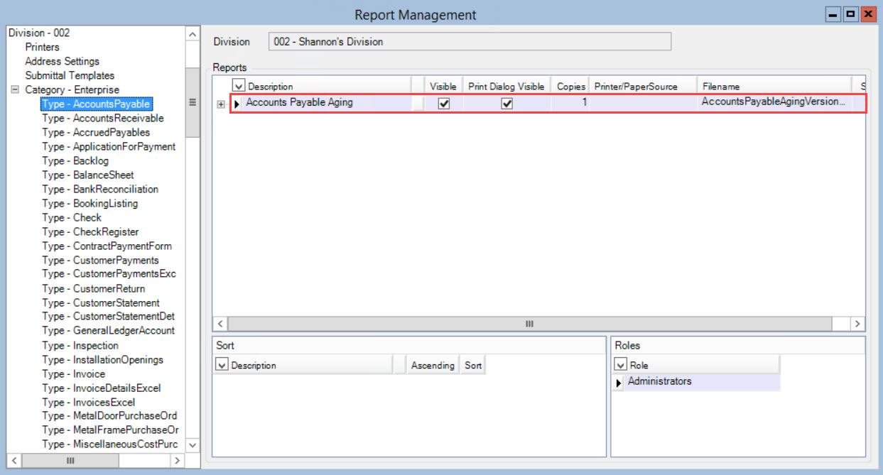 Report Management window; shows the location of the Report Settings line item.