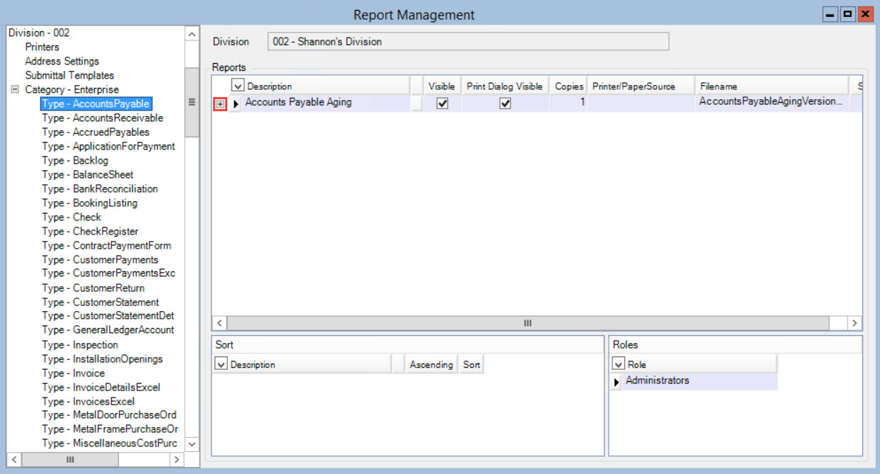 Report Management window; shows the location of the + button to see the report criteria and parameters.