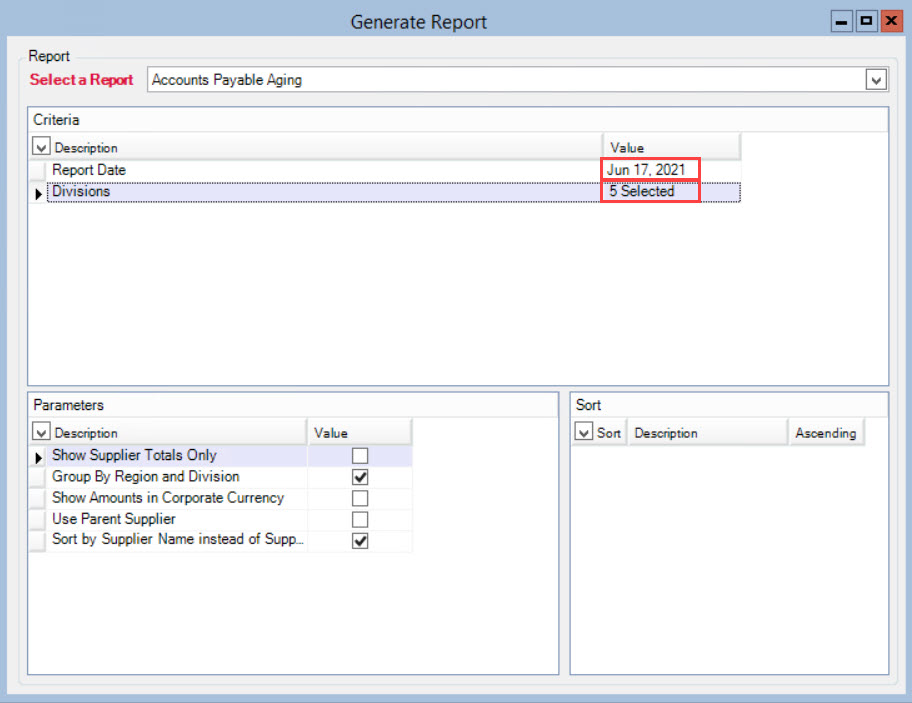 Generate Report window; shows the location of the criteria value fields.