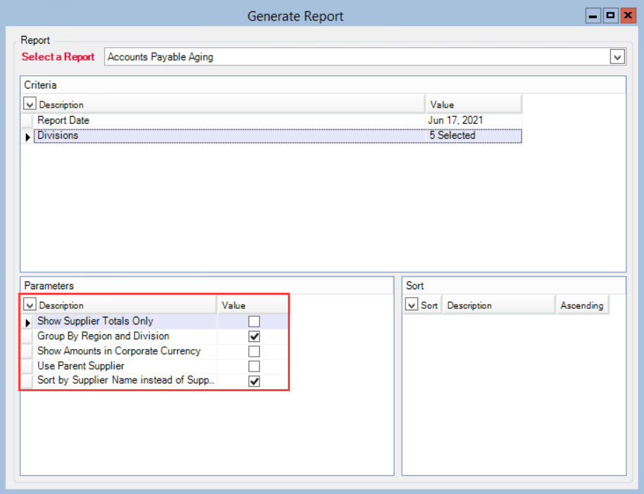 Generate Report menu; shows the location of the Parameters pane.