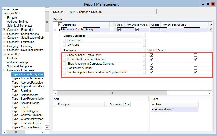 Report Management window; shows the location of the parameter line items.