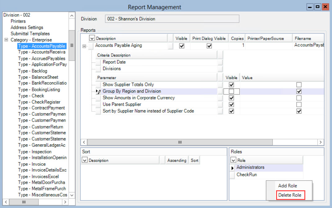 Report Management window; shows Role pane right-click menu and the locatin of Delete Role.