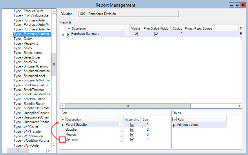 Report Management window; shows the location of the drag and drop button and an arrow demonstrating where the sort line item can be dropped.