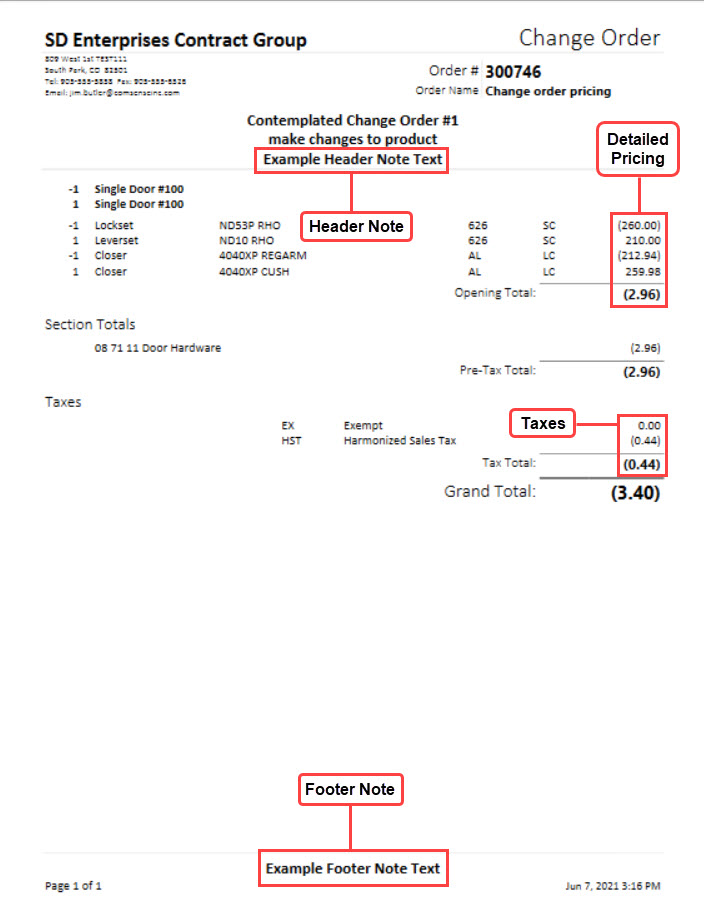 Change Order Report; shows the location of header and footer note text, the detailed pricing, and the taxes.