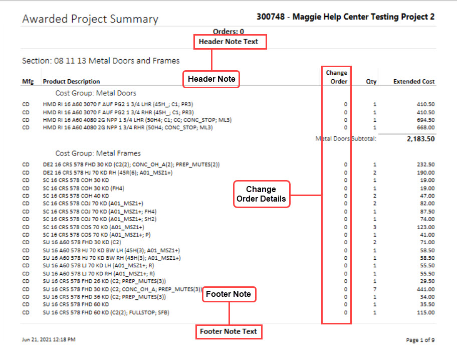 Awarded Project Summary Report; shows the location of the Header Note parameter, Footer Note parameter, and Change Order details.