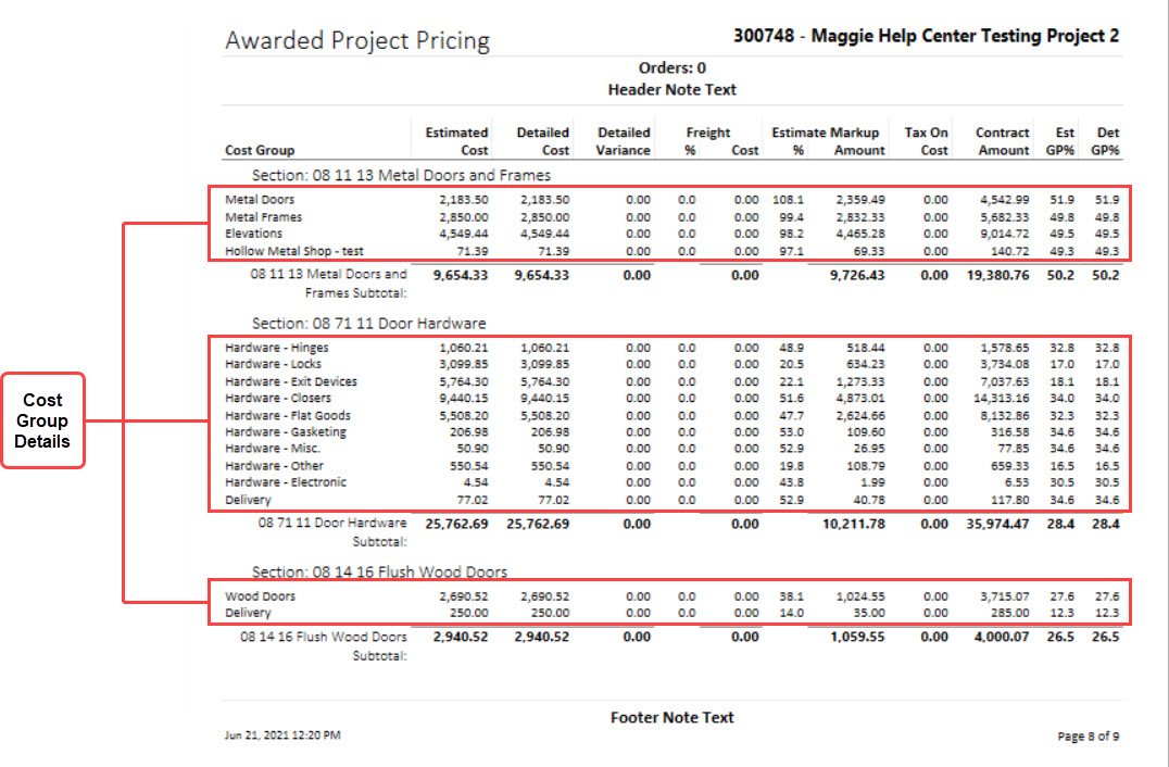 Awarded PRoject Summary Report, Project Pricing page; shows the location of the Cost Group details.