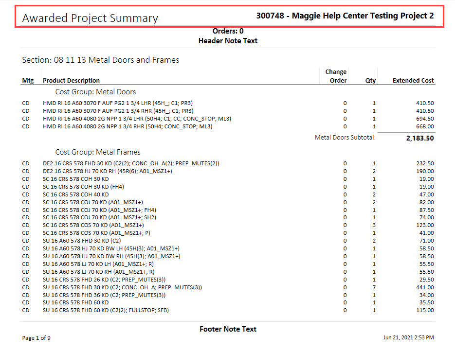 Awarded Project Summary report; shows header style 1.