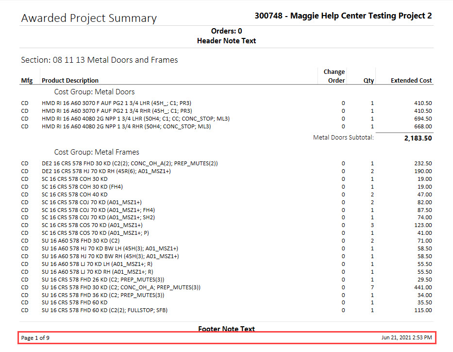 Awarded Project Summary report; shows footer style 2.