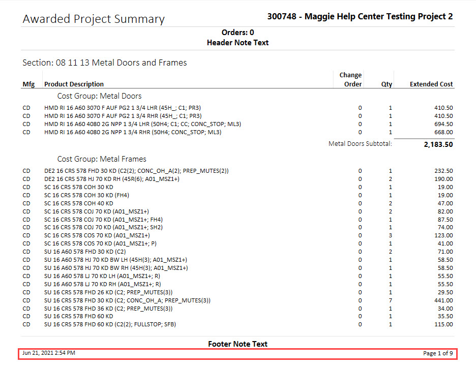 Awarded Project Summary report; shows footer style 1.