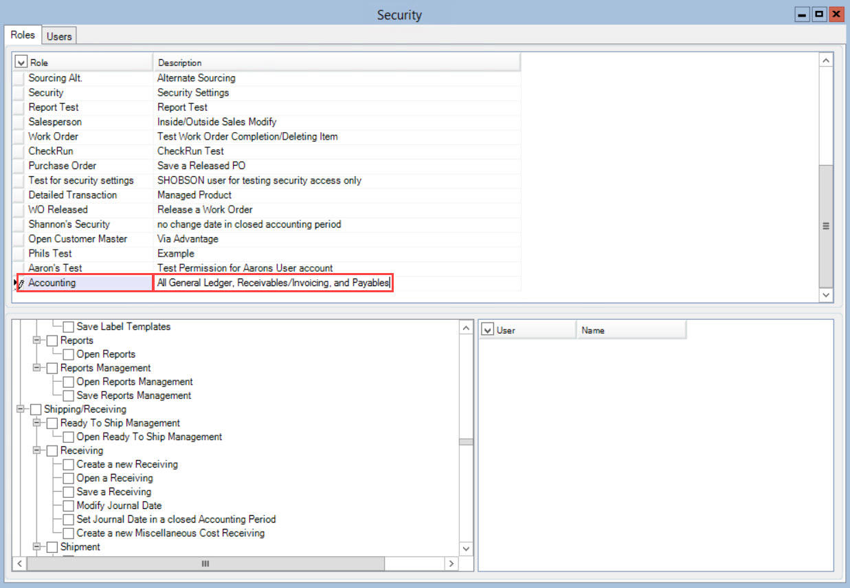 Security window, Roles tab; shows the Role field and Description field filled out on the fillable line item.