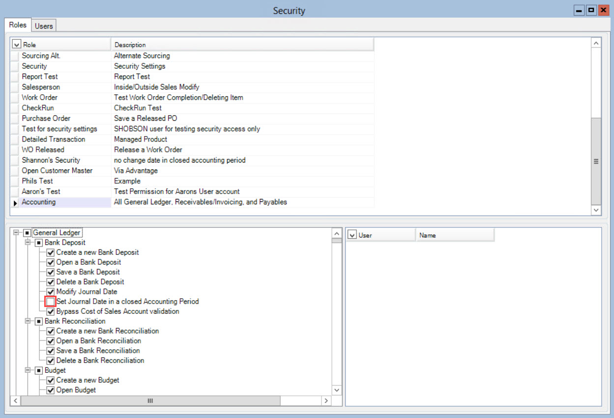 Security window, Roles tab; shows one general ledger function unchecked.