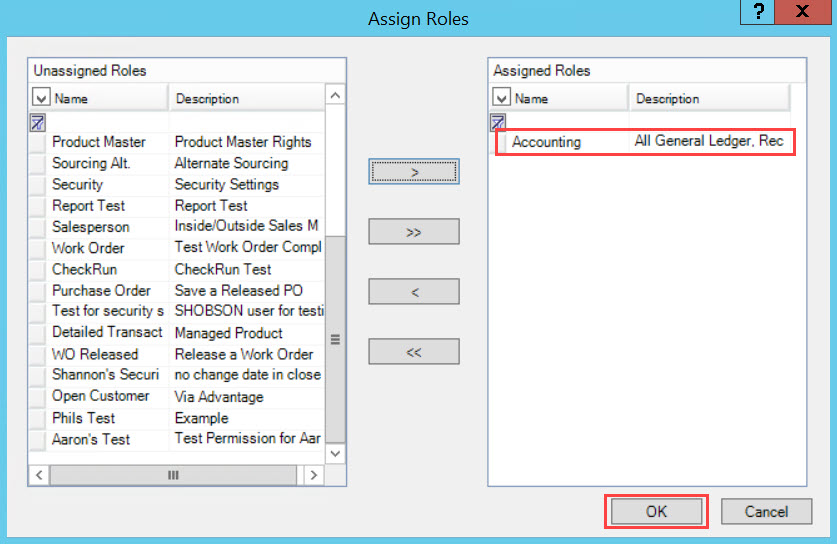 Assign Roles window; shows a role in the Assigned Roles pane and the location of the OK button.